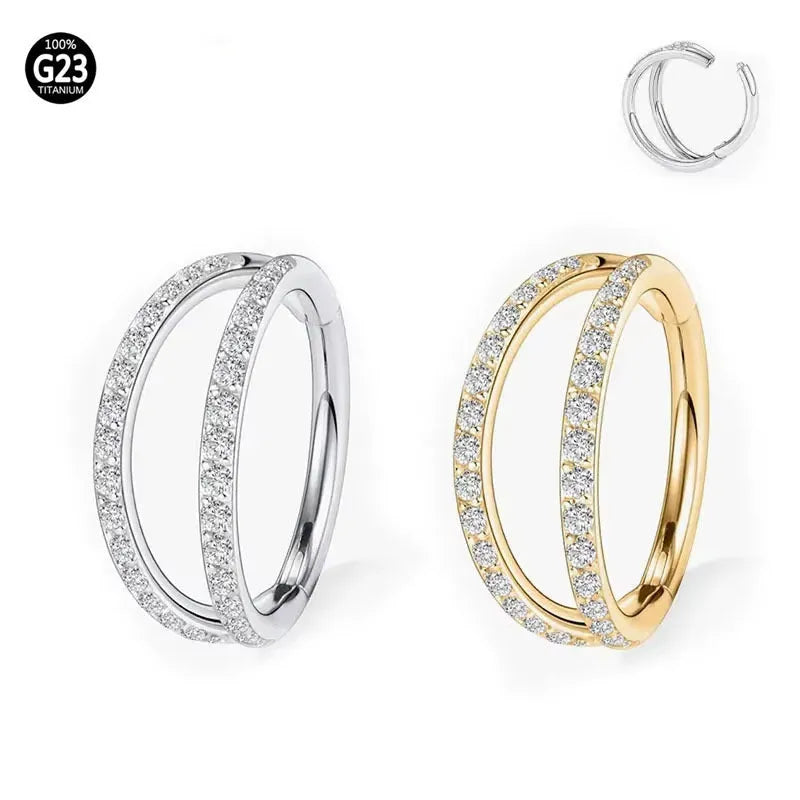 G23 titanium alloy piercing ring with zircon diamond-like coating in gold colour, showing thickness and length dimensions