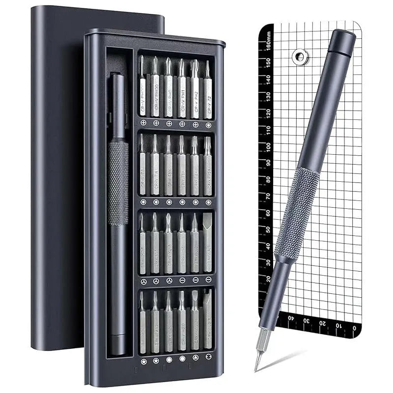 25-in-one magnetic precision screwdriver set with chrome vanadium steel bits and knurled ABS handle.