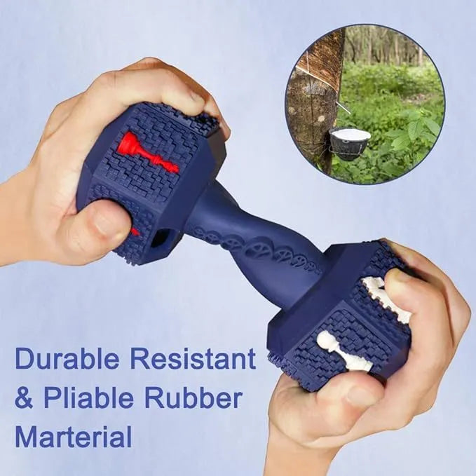 Blue durable rubber dumbbell dog chew toy with textured surface and hollow ends for treats.