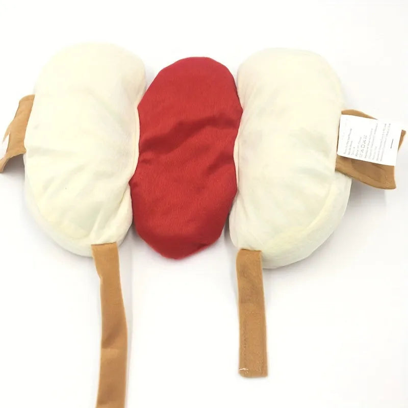 A small dog wearing a brown and beige plush hot dog costume with openings for head, legs, and tail.