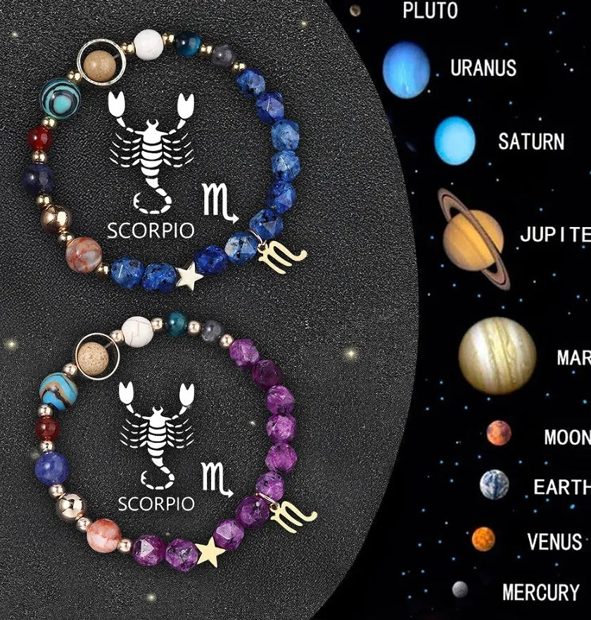 Set of two natural stone beaded bracelets on a white background, showing adjustable elastic cords and zodiac sign styles.