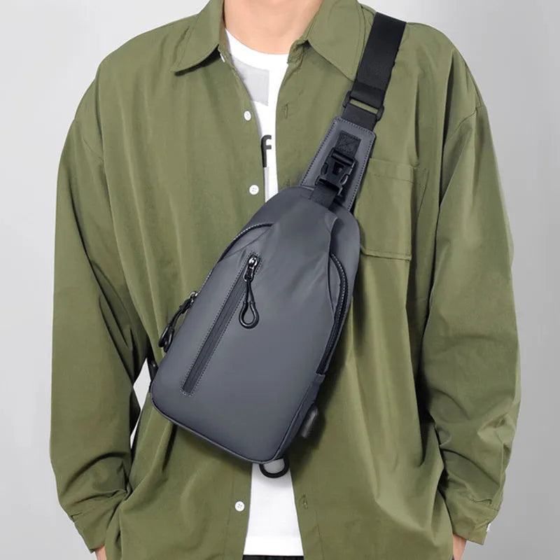 Black sling crossbody chest bag for men, simple city style, vertical square shape, zipper closure, soft surface, blue black grey