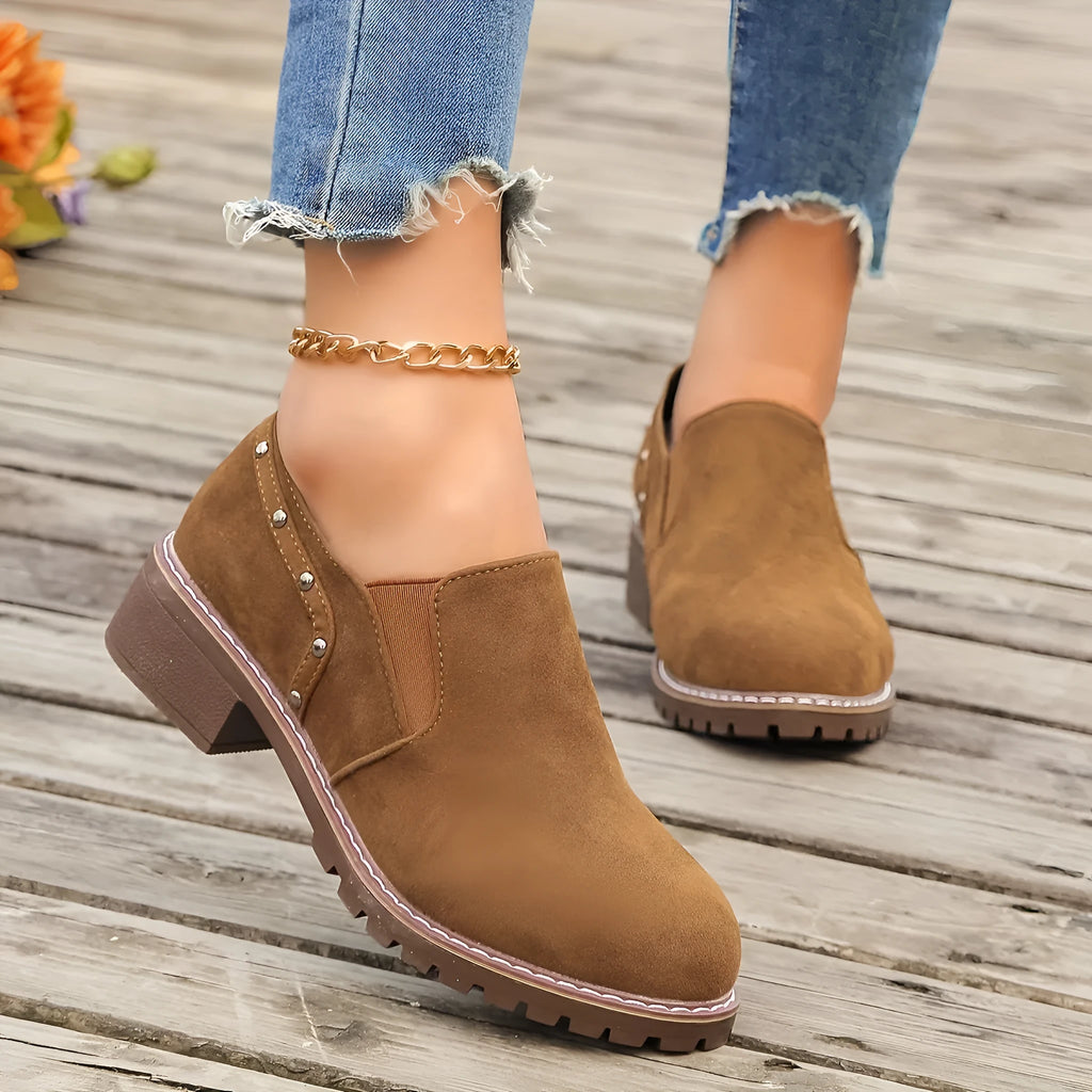 Plus size suede ankle boots for women, low heel, black colour, round toe, elastic band