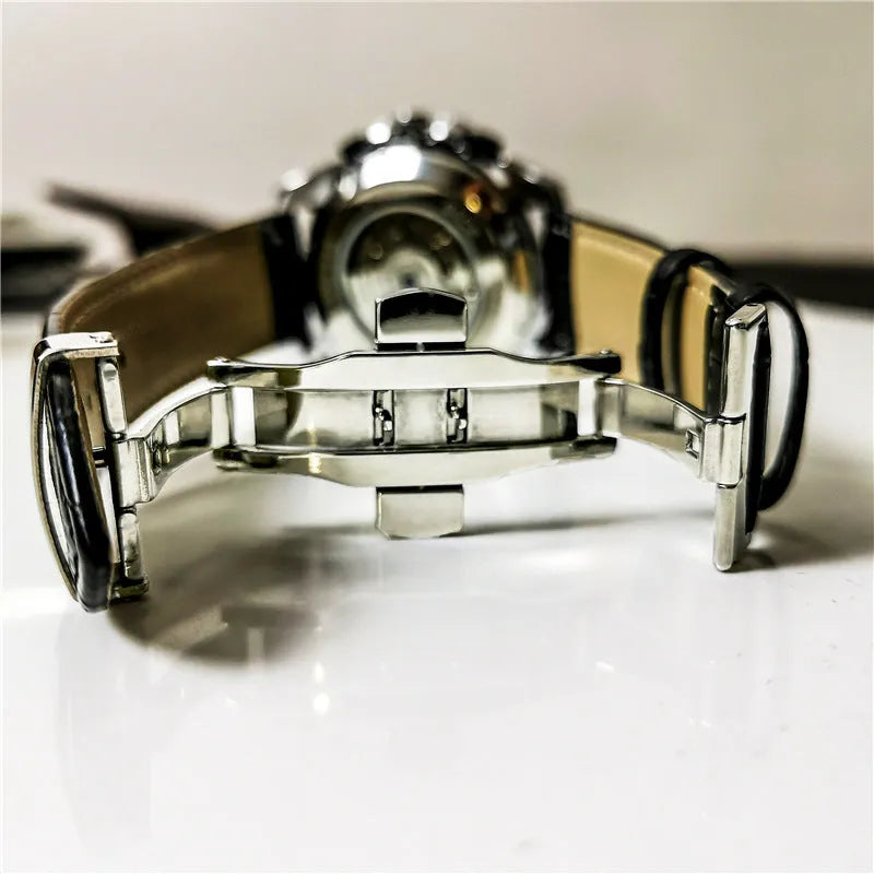 Men's automatic mechanical watch with 12mm case in various colour combinations including silver, black steel and gold steel options
