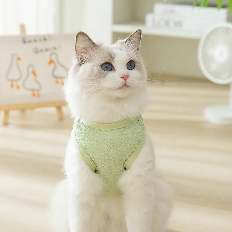 Green knitted cat clothing with a hollowed-out bear patch cartoon design.