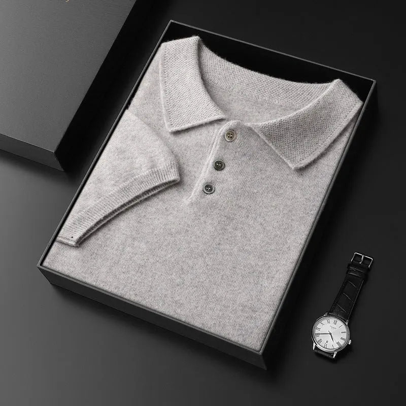 Men's cashmere polo collar elbow-sleeve top in light camel, loose fit pullover style