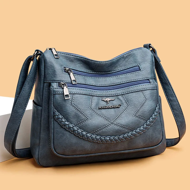 Soft PU leather shoulder bag with sandwich pocket and horizontal square design