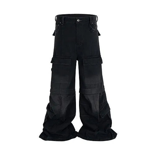 Cotton detachable multi-pocket overalls for teenagers, worn looking washed-out finish, black blue, mid waist zip placket