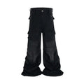 Cotton detachable multi-pocket overalls for teenagers, worn looking washed-out finish, black blue, mid waist zip placket