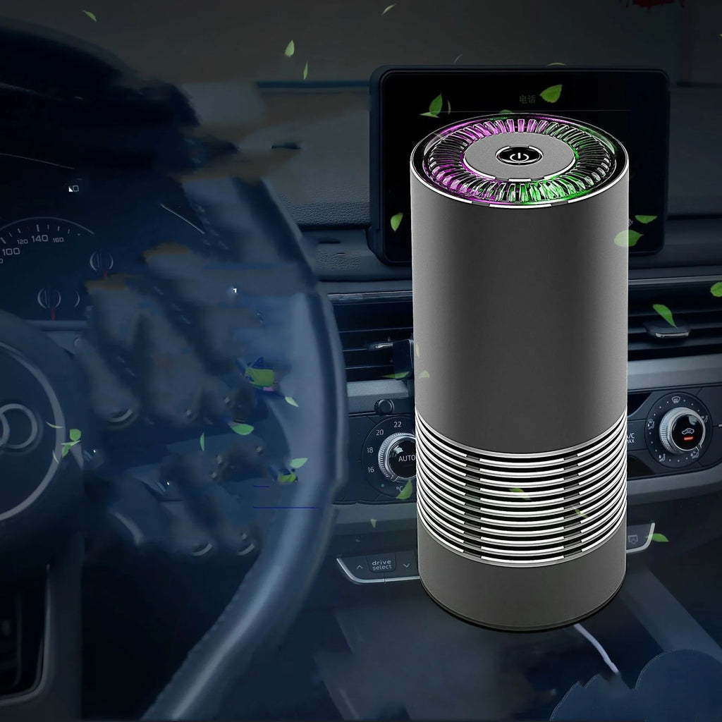 Car indoor wireless air purifier in silver, 65x150mm aluminium alloy body with USB power cord