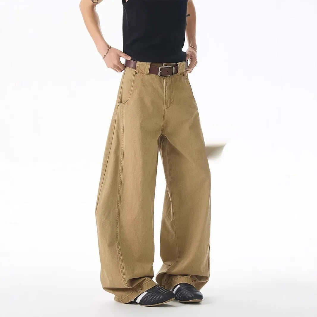 Men's brown loose-fit straight jeans with Korean-style design and elastic denim fabric