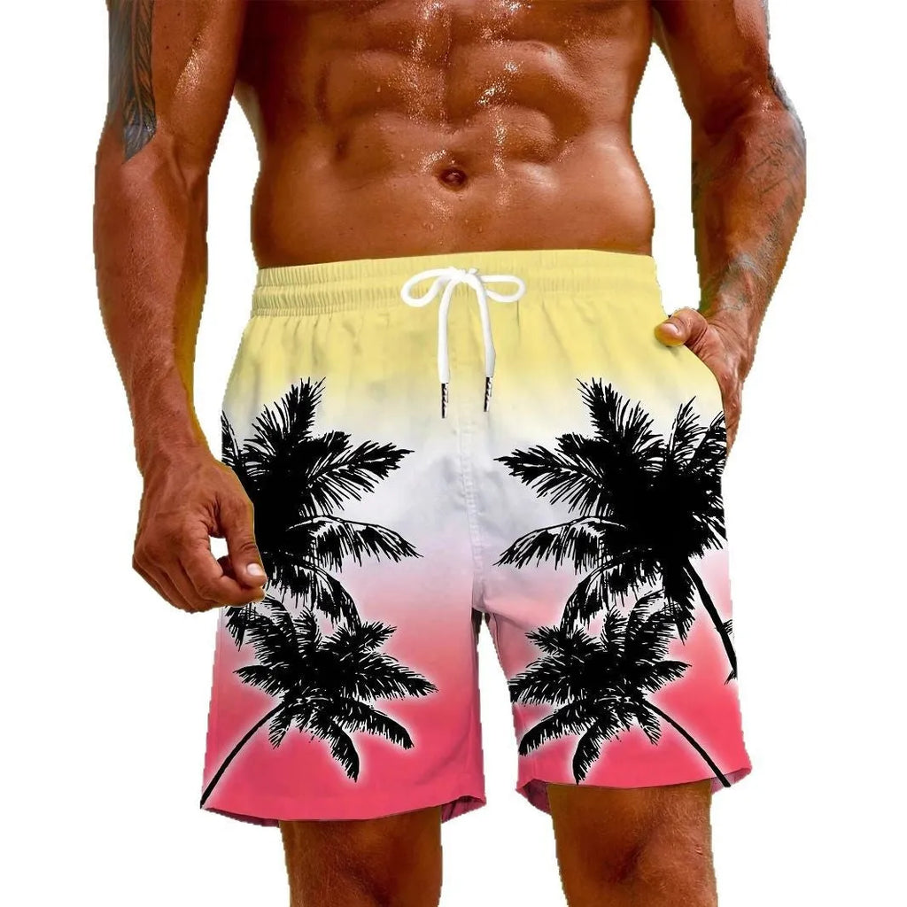 Men's quick-dry 3D print polyester swimming trunks in a vacation setting, multiple colour and size options