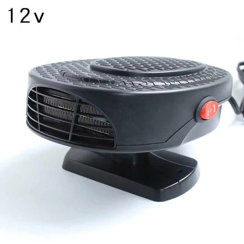 Black 12V car heating fan 7x16cm 150W with cigarette lighter plug on dashboard