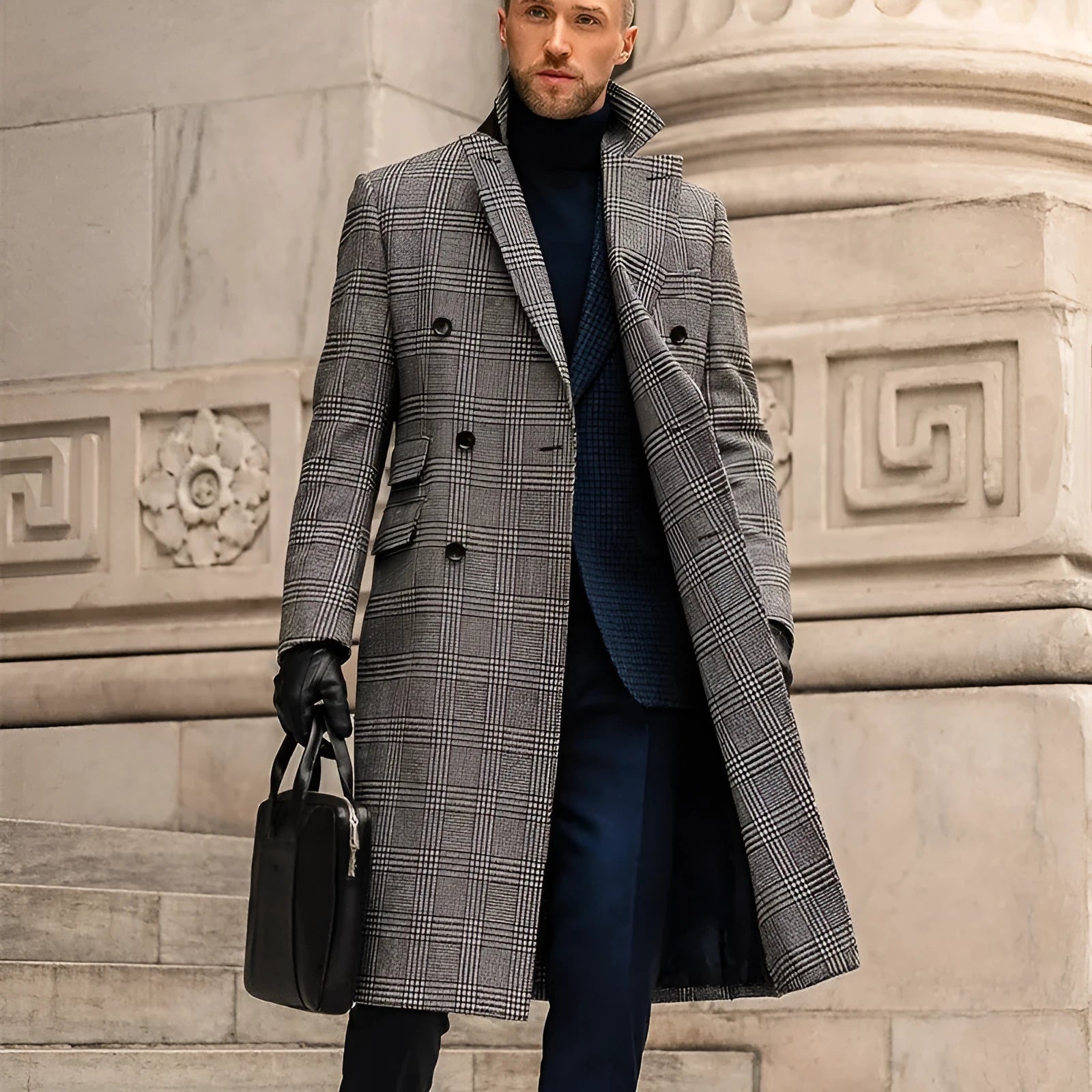 Grey check double breasted wool overcoat with suit collar and horn clasp, medium length men's winter coat