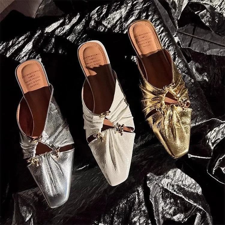 Genuine leather women's half toe cap slippers in gold with low TPR sole and square toe shape