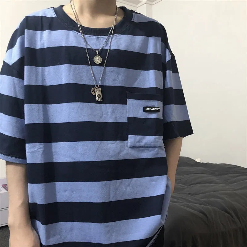 Striped short sleeve t-shirt in polyester fibre, available in blue and yellow, sizes L to XXL.