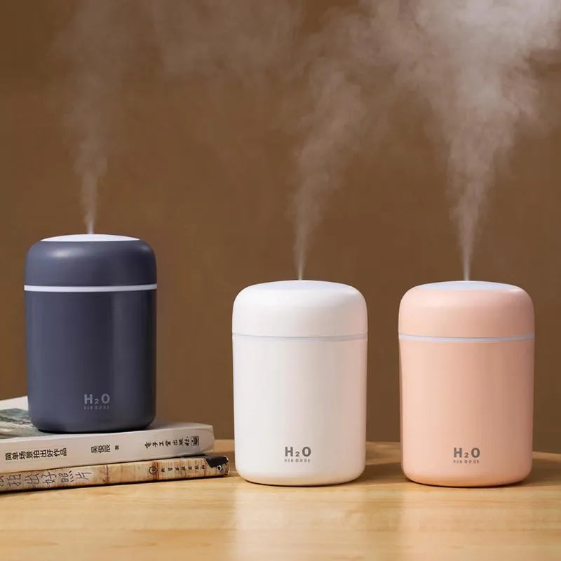 Mini USB desktop humidifier in pink with 300ml tank, low noise, and colourful atmosphere lights