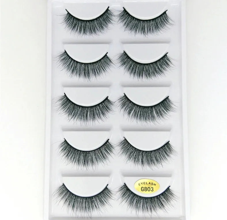 3D mink hair false eyelashes thick section cotton stem 5 pairs natural volume