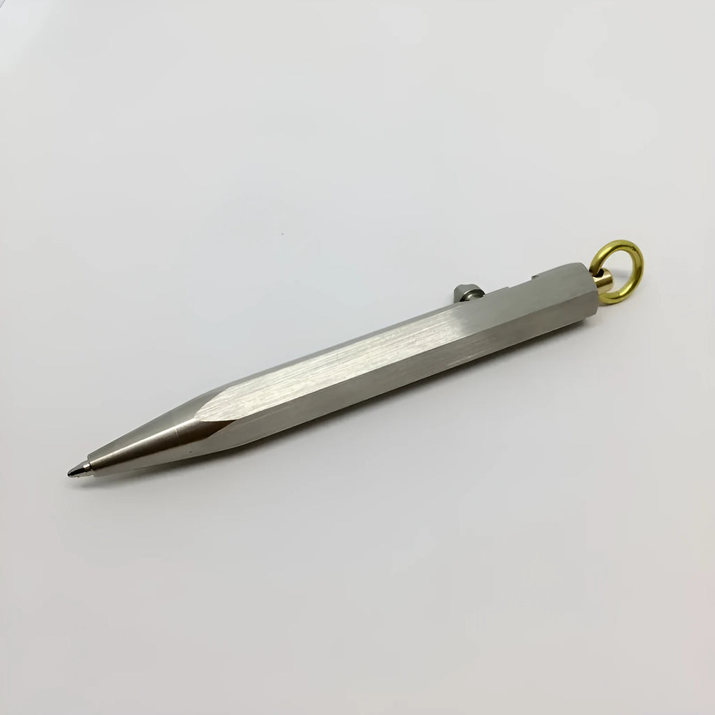 Six-sided stainless steel brass pen keychain with push button and metal shell in colour as shown
