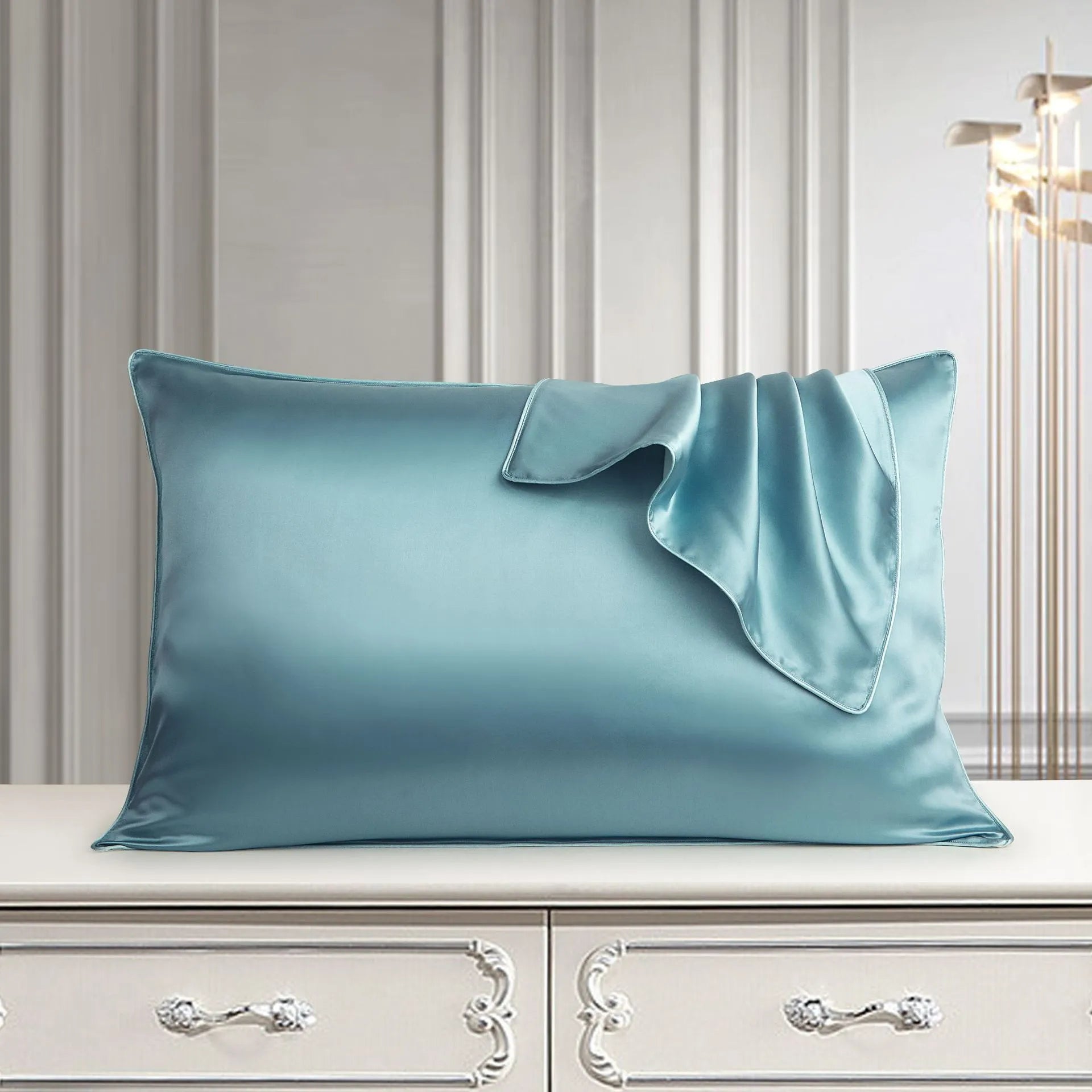 100% mulberry silk pillowcase 48x74cm palace luxury style with inlaid rope edge in champagne gold