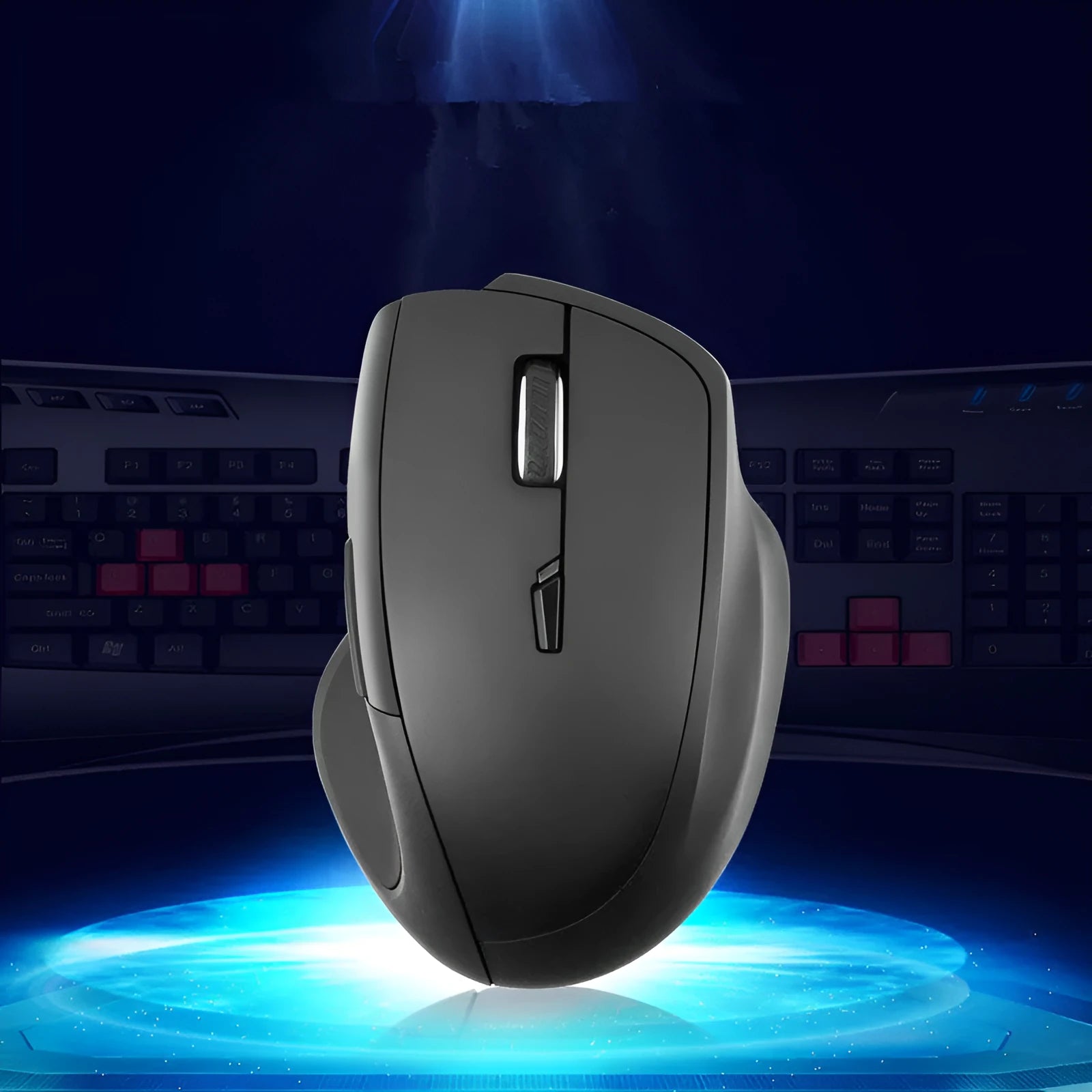 Intelligent voice wireless mouse in black with USB receiver, showing 7 buttons and four-way scroll wheel