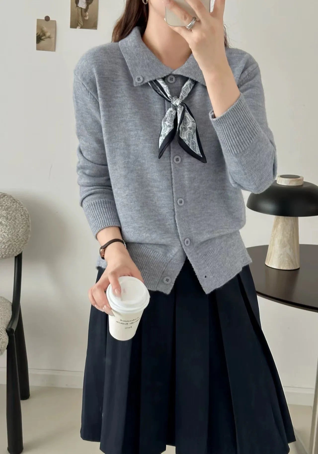 Beige acrylic knit cardigan with lapel scarf collar design, long sleeves and cardigan styling