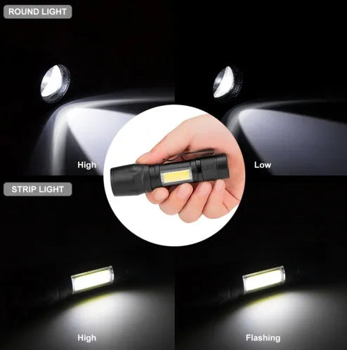 Compact black aluminium telescopic LED flashlight with pocket clip and zoomable head