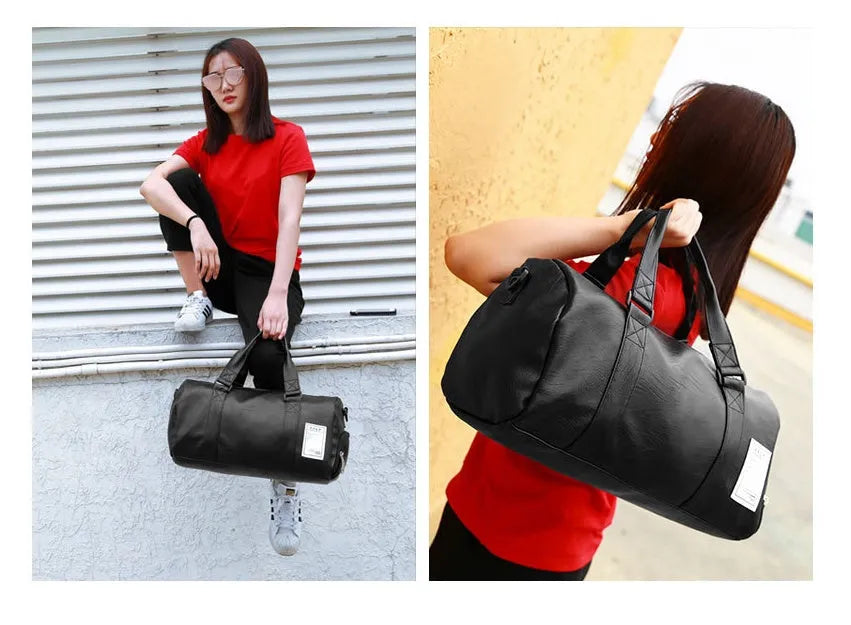 Black waterproof sports bag with separate shoe compartments shown in Large and Small sizes.