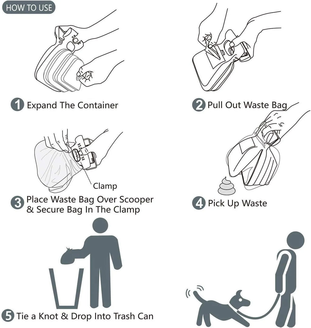 Blue portable pooper scooper with clip, expandable container, and bag dispenser for dog waste cleanup.