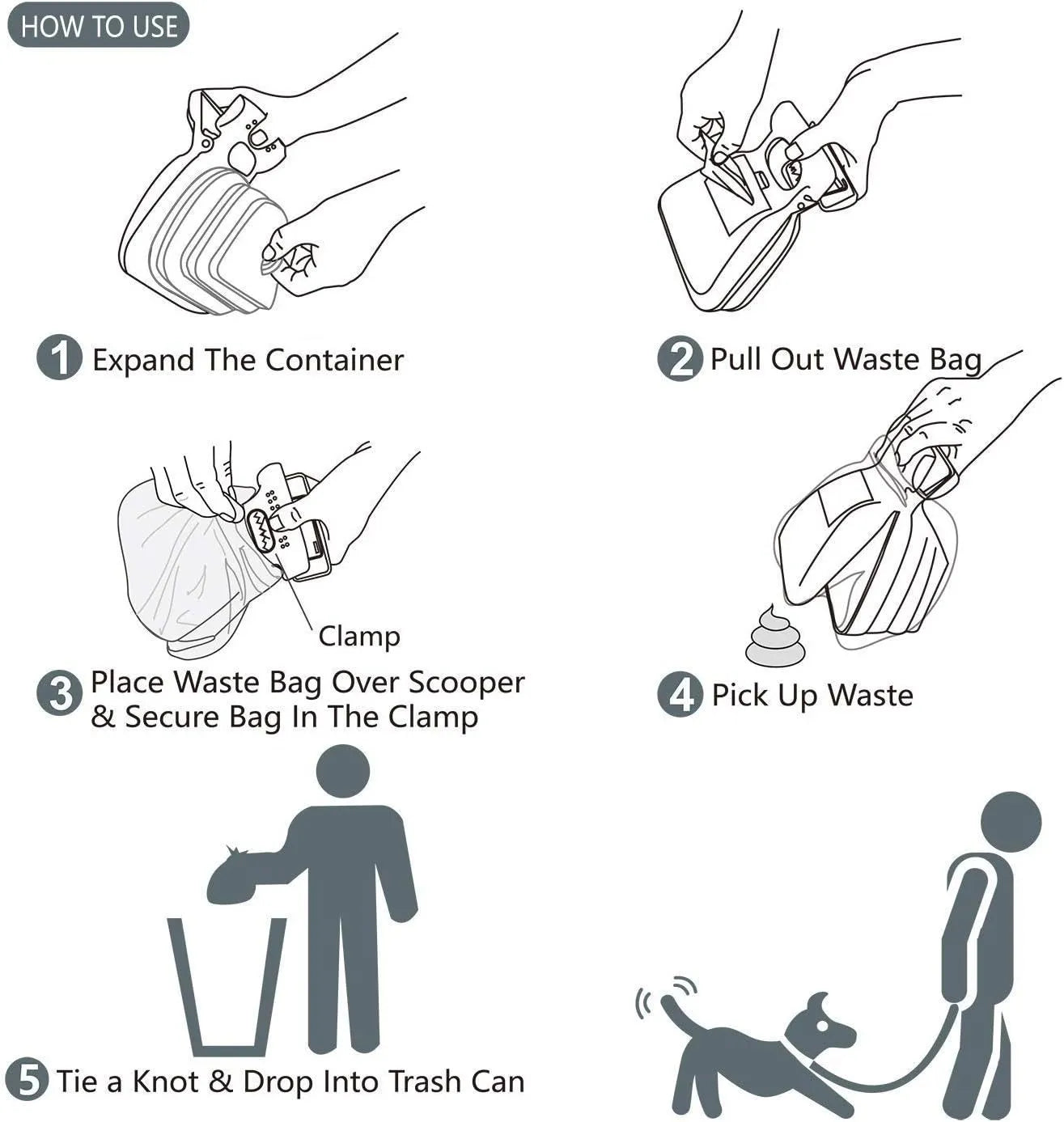 Blue portable pooper scooper with clip, expandable container, and bag dispenser for dog waste cleanup.
