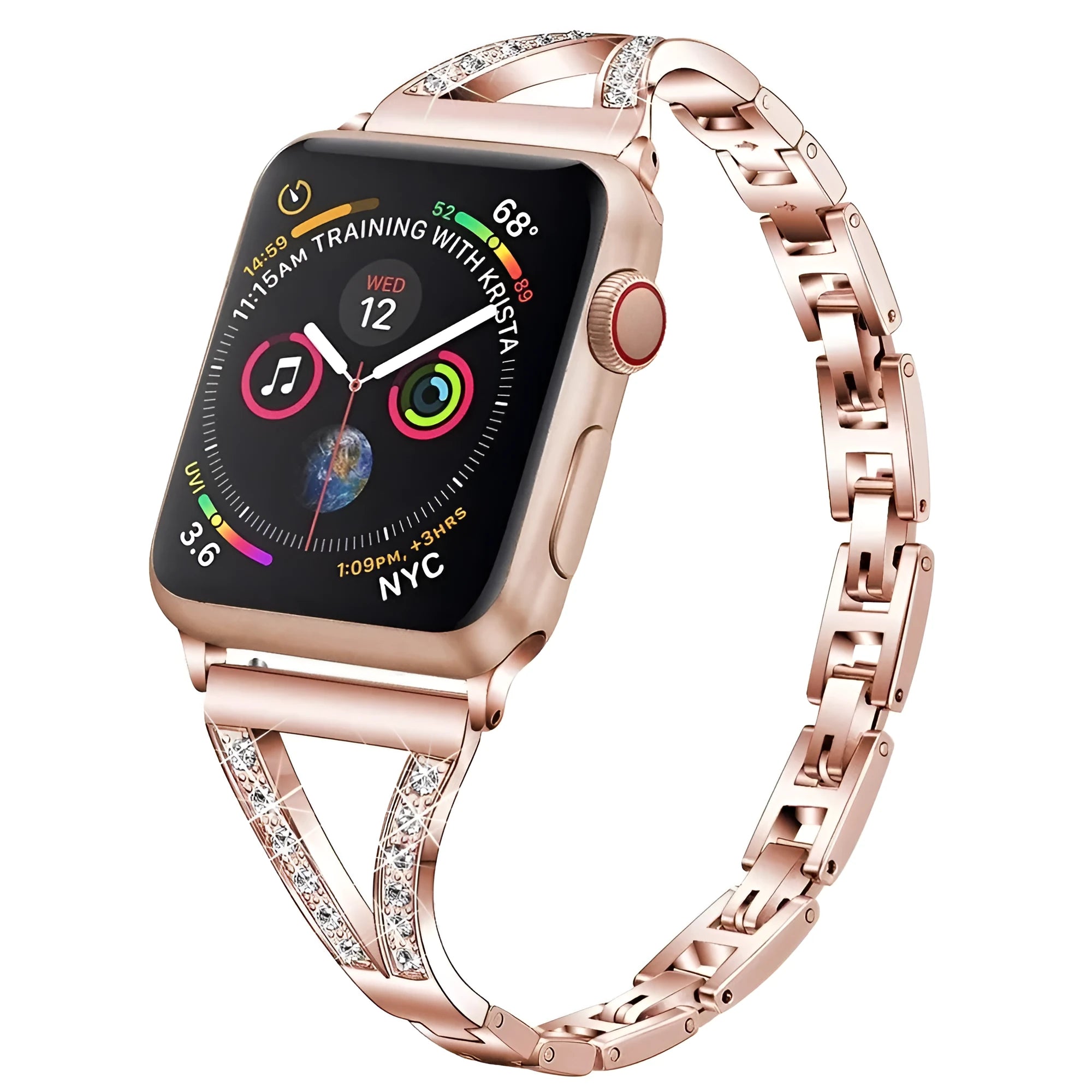 Stainless steel watch strap with diamond accents in black, gold, pink, rose gold and white colours.
