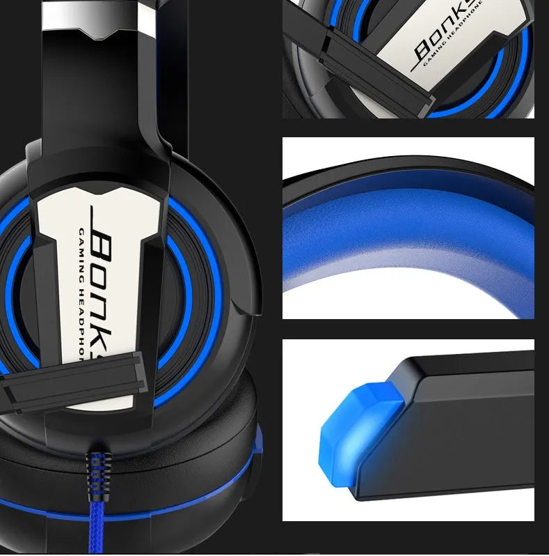Wired gaming headset with microphone, over-ear design, available in Blue or Red, with 3.5mm plug