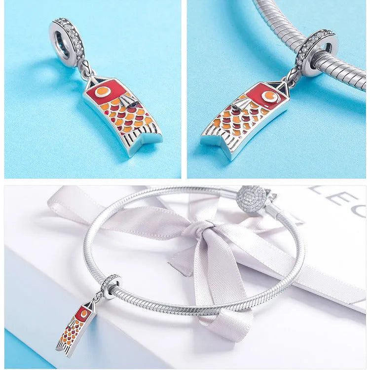 S925 sterling silver carp streamer pendant necklace measuring 2.8cm by 0.6cm