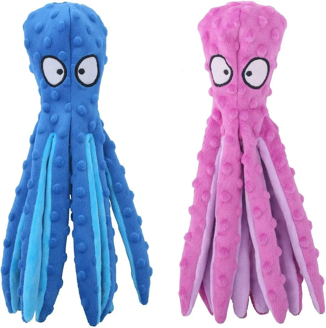 Blue octopus plush dog toy with no stuffing, featuring crinkle paper and squeaker sounds for interactive chew play.