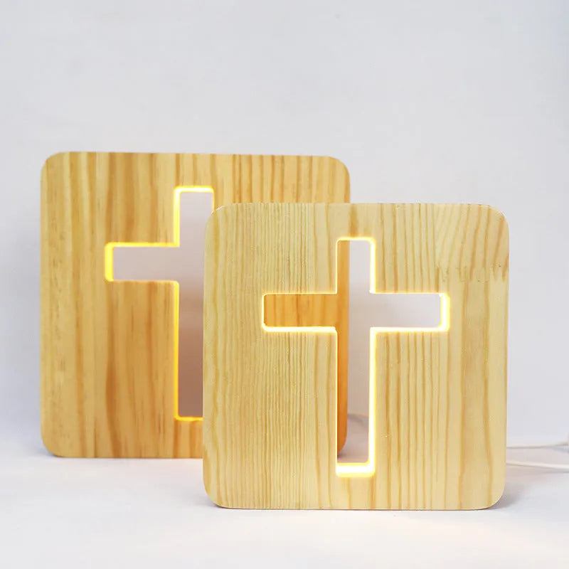 Solid wood hollow night lamp with warm white LED light, compact rectangular design