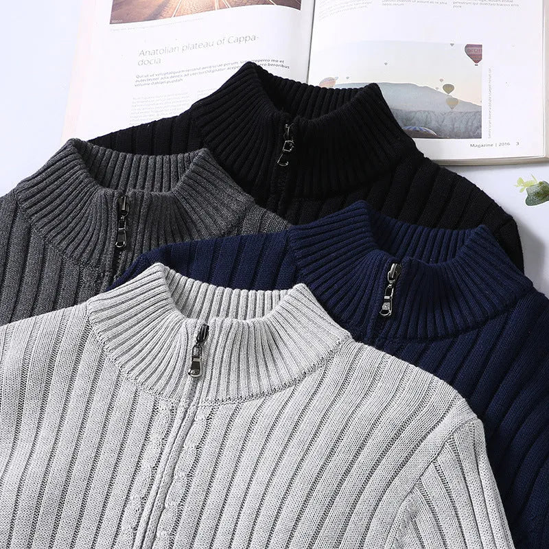 Men's loose fit cotton sweater coat in carbon gray, side view