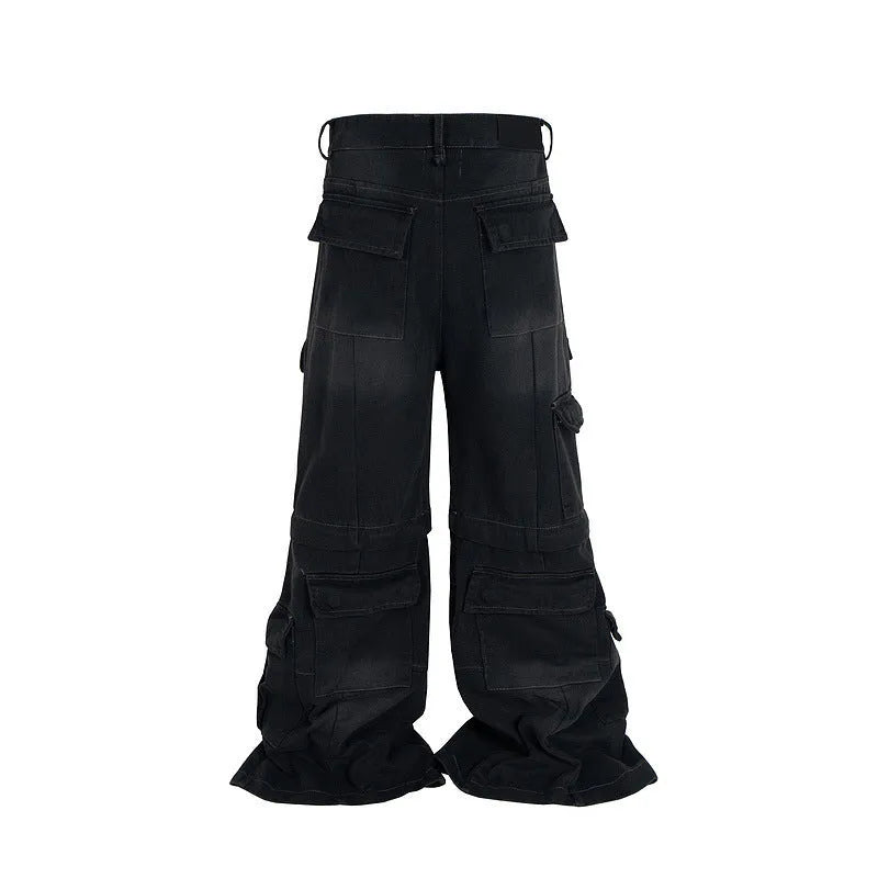 Cotton detachable multi-pocket overalls for teenagers, worn looking washed-out finish, black blue, mid waist zip placket