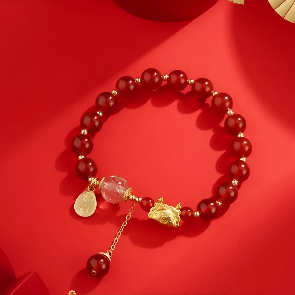 Chinese style Hetian jade and red agate bracelet with lucky blessing card and dragon charm, 925 silver and gold plated