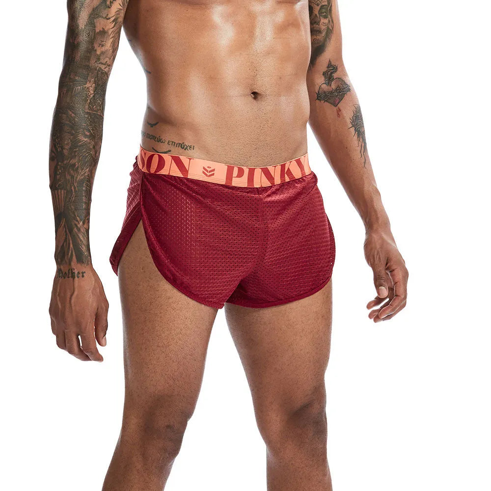 Mesh solid colour breathable men's boxer briefs in black, nylon fabric, mid waist