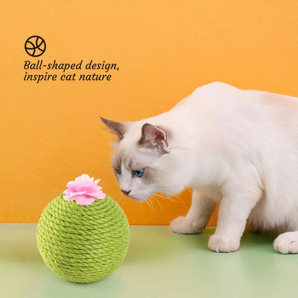 Green interactive tumbler cactus cat scratcher with natural sisal and rolling ball for indoor play