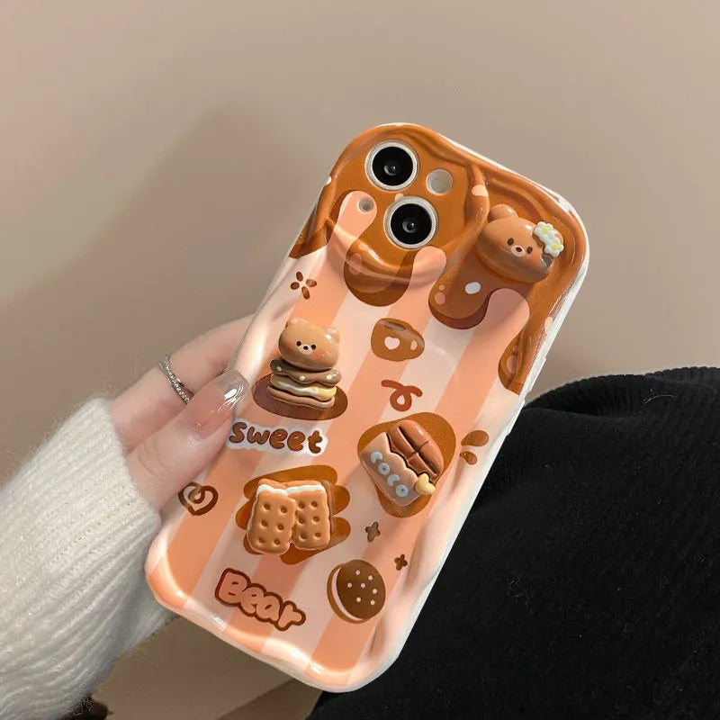 Cream pattern silicone phone case with chocolate bear doll lanyard for iPhone 15 Pro