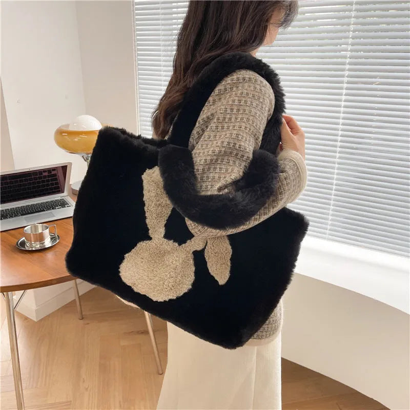 Plush cartoon rabbit ears shoulder bag in solid colour with large tote capacity