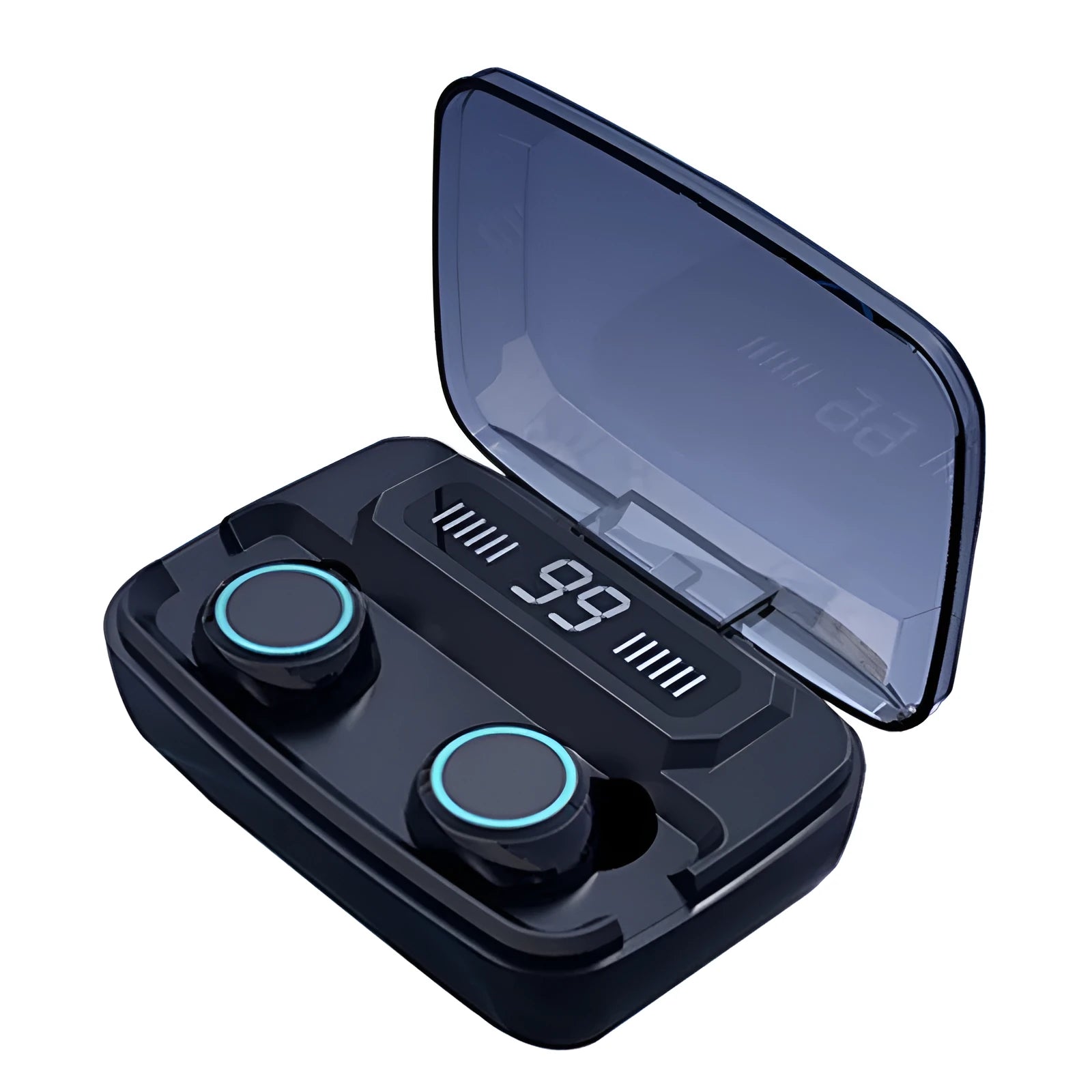 Black M11 style Bluetooth wireless headset with digital display and touch controls on ear cup.