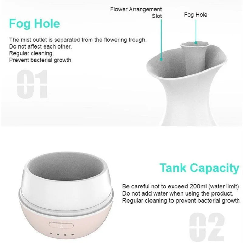 White ultrasonic aromatherapy vase diffuser with colourful LED night light and water tank