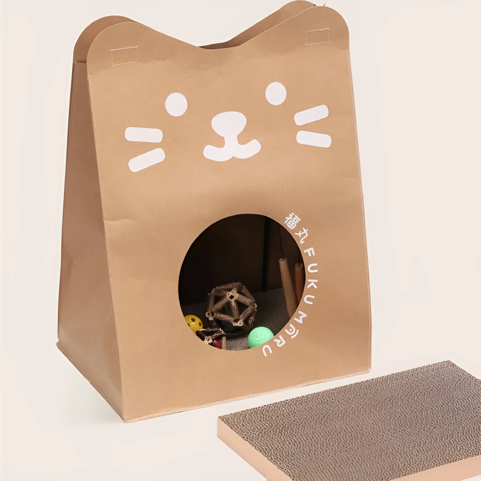 Brown washable kraft paper bag cat nest with integrated corrugated scratch board measuring 40x30x53cm