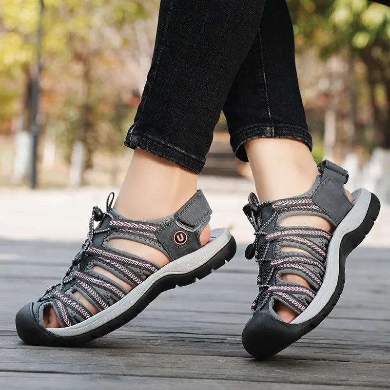 Women's plus size toe box sandals with elastic band, leather mesh upper, round toe, available in black