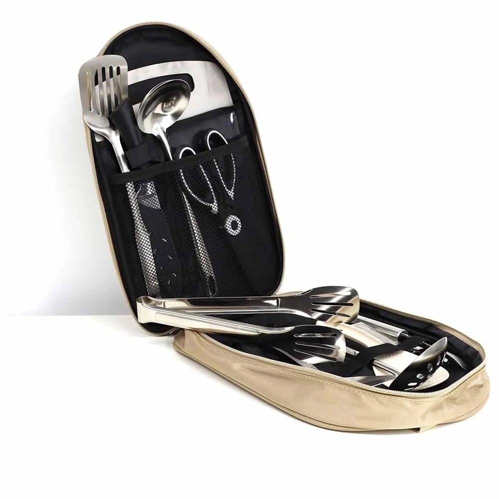 Khaki storage bag containing 12 pieces of stainless steel picnic cutlery including knives, forks and spoons.