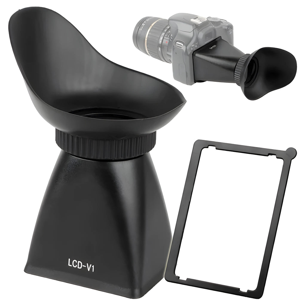 Black camera LCD viewfinder amplifier with magnification lens mounted on DSLR camera