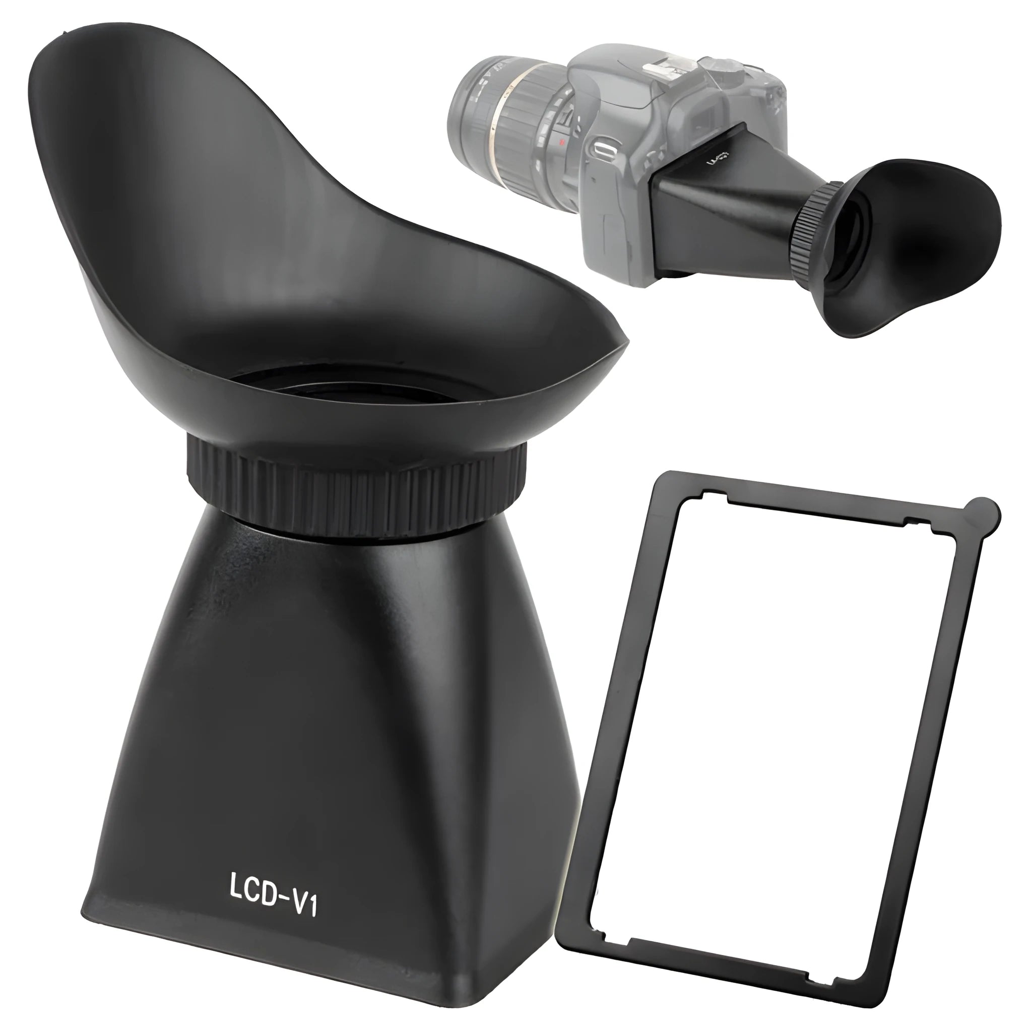 Black camera LCD viewfinder amplifier with magnification lens mounted on DSLR camera