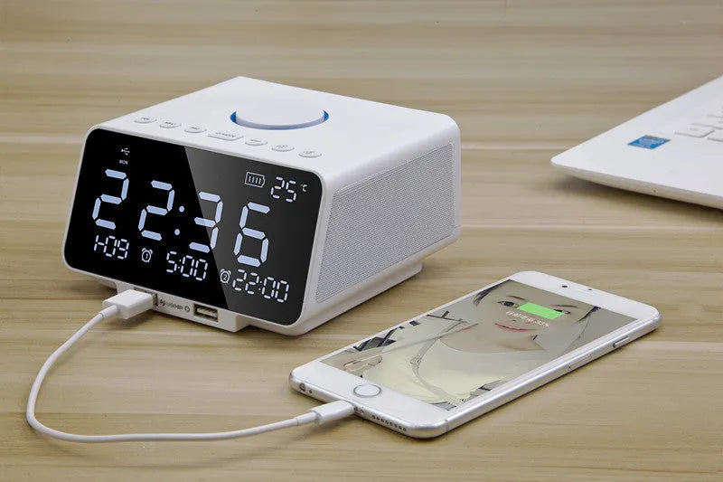 Wireless alarm clock speaker in black with digital display and Bluetooth streaming
